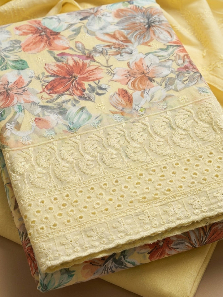 Yellow Printed Cotton Blend Unstitched Dress Material