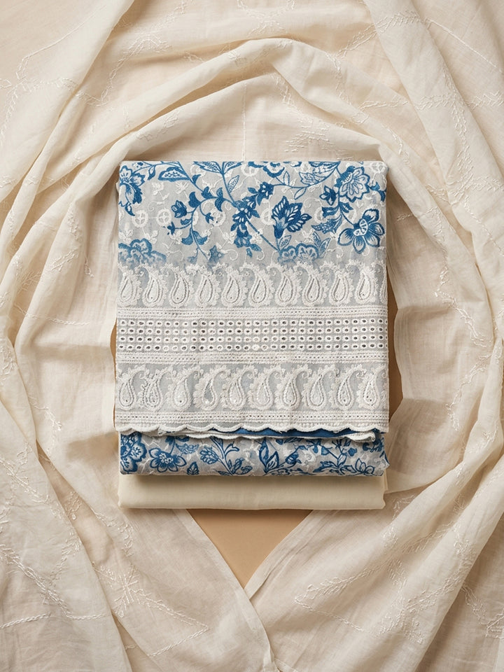 Blue Printed Cotton Blend Unstitched Dress Material