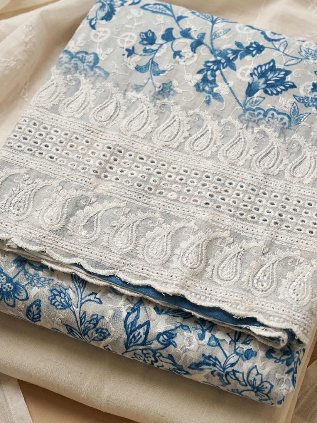 Blue Printed Cotton Blend Unstitched Dress Material