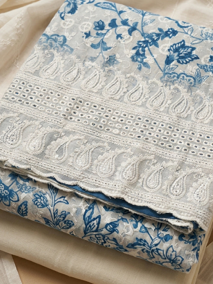 Blue Printed Cotton Blend Unstitched Dress Material