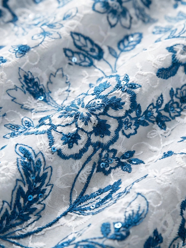 Blue Printed Cotton Blend Unstitched Dress Material