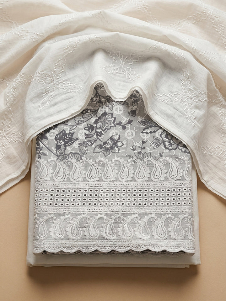 Grey Printed Cotton Blend Unstitched Dress Material