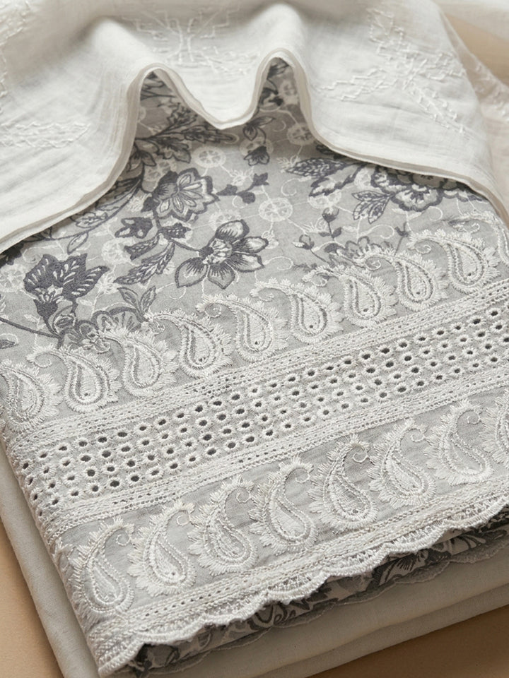 Grey Printed Cotton Blend Unstitched Dress Material
