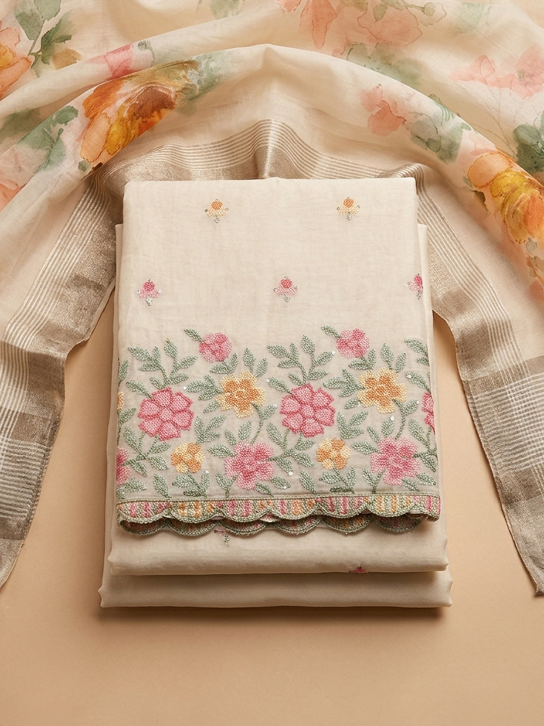 Off White  Chanderi Unstitched Dress Material