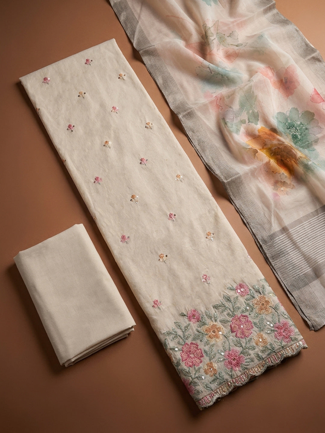 Off White  Chanderi Unstitched Dress Material