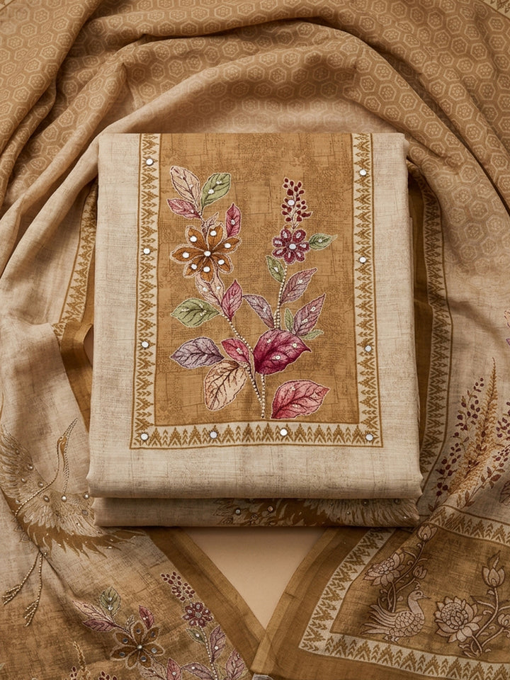 Beige  Chanderi Unstitched Dress Material
