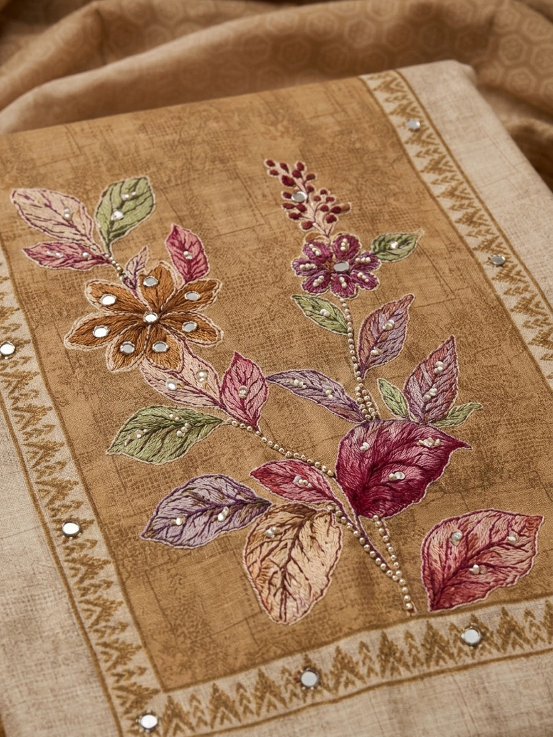 Beige  Chanderi Unstitched Dress Material