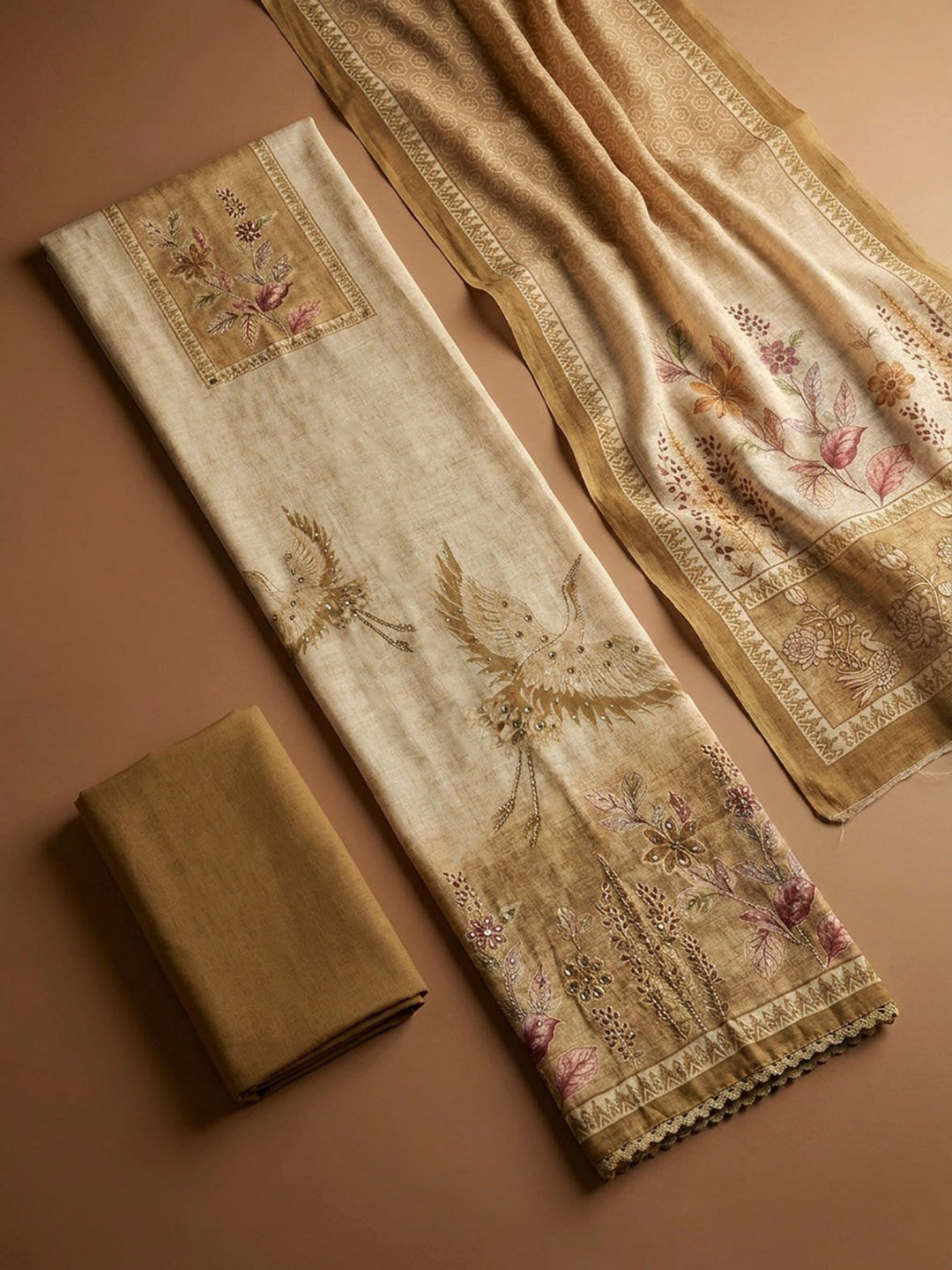 Beige  Chanderi Unstitched Dress Material