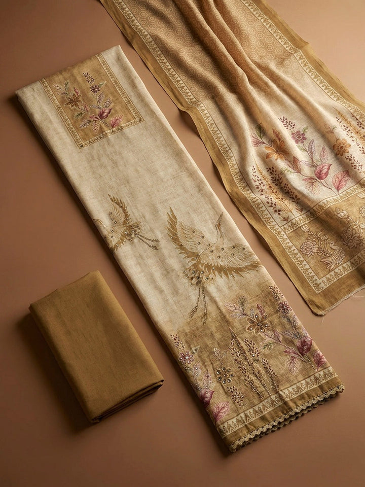 Beige  Chanderi Unstitched Dress Material
