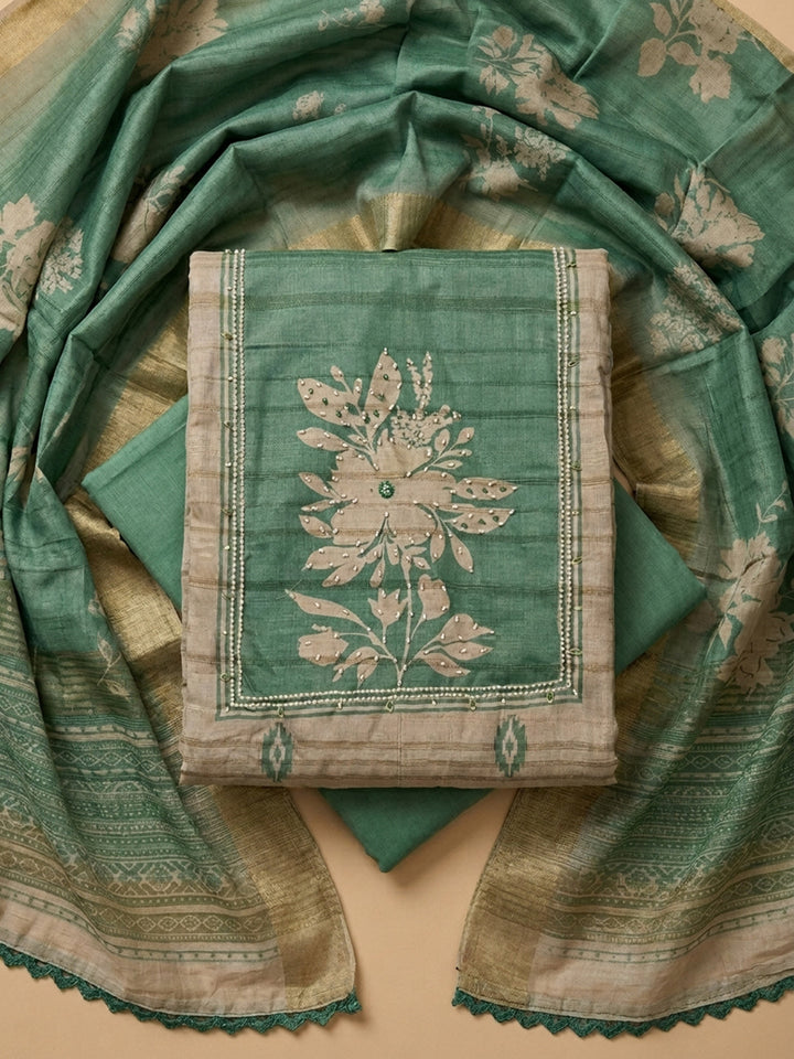 Aqua Green  Tussar Unstitched Dress Material