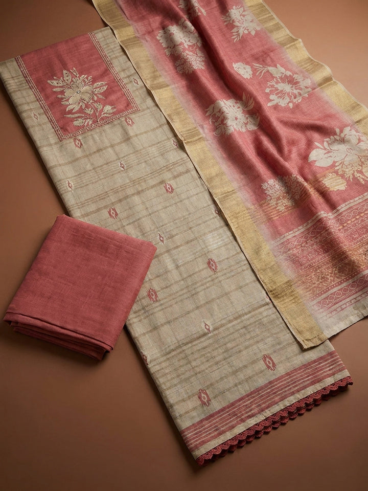 Peach  Tussar Unstitched Dress Material
