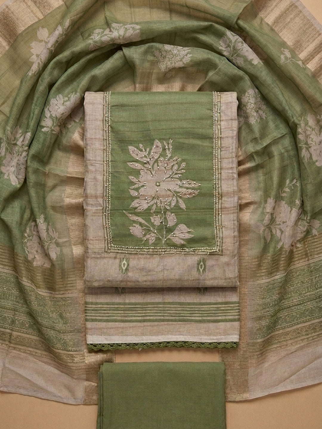 Pista Green  Tussar Unstitched Dress Material
