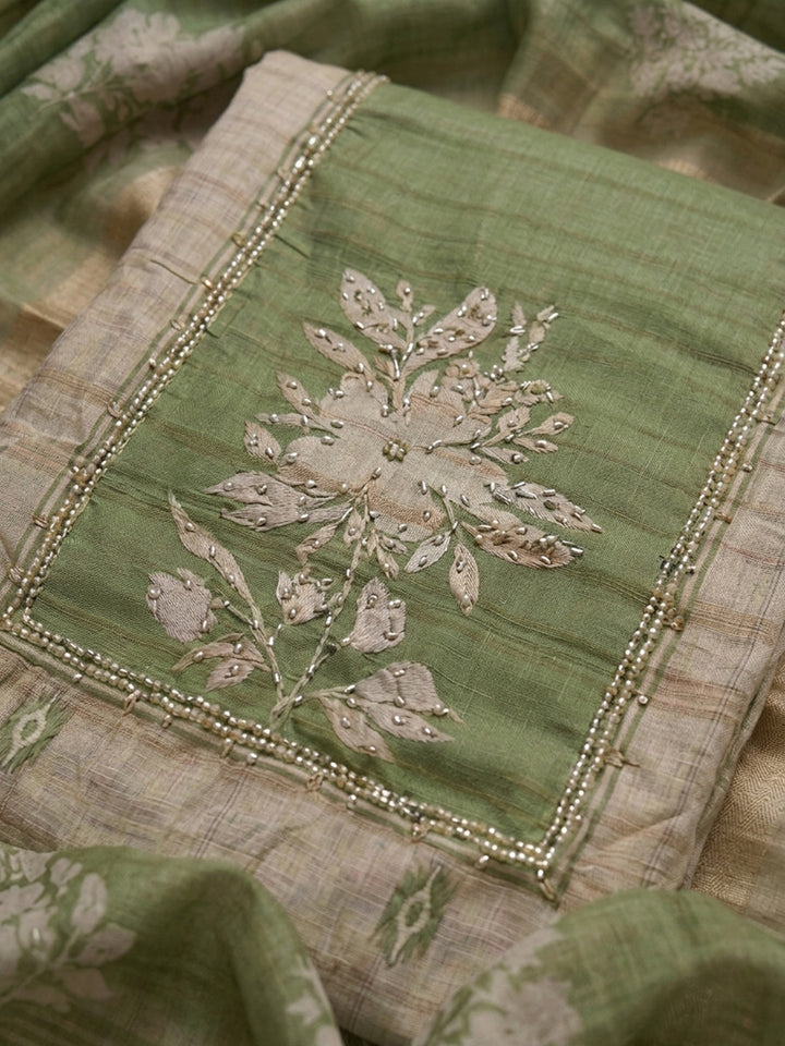 Pista Green  Tussar Unstitched Dress Material