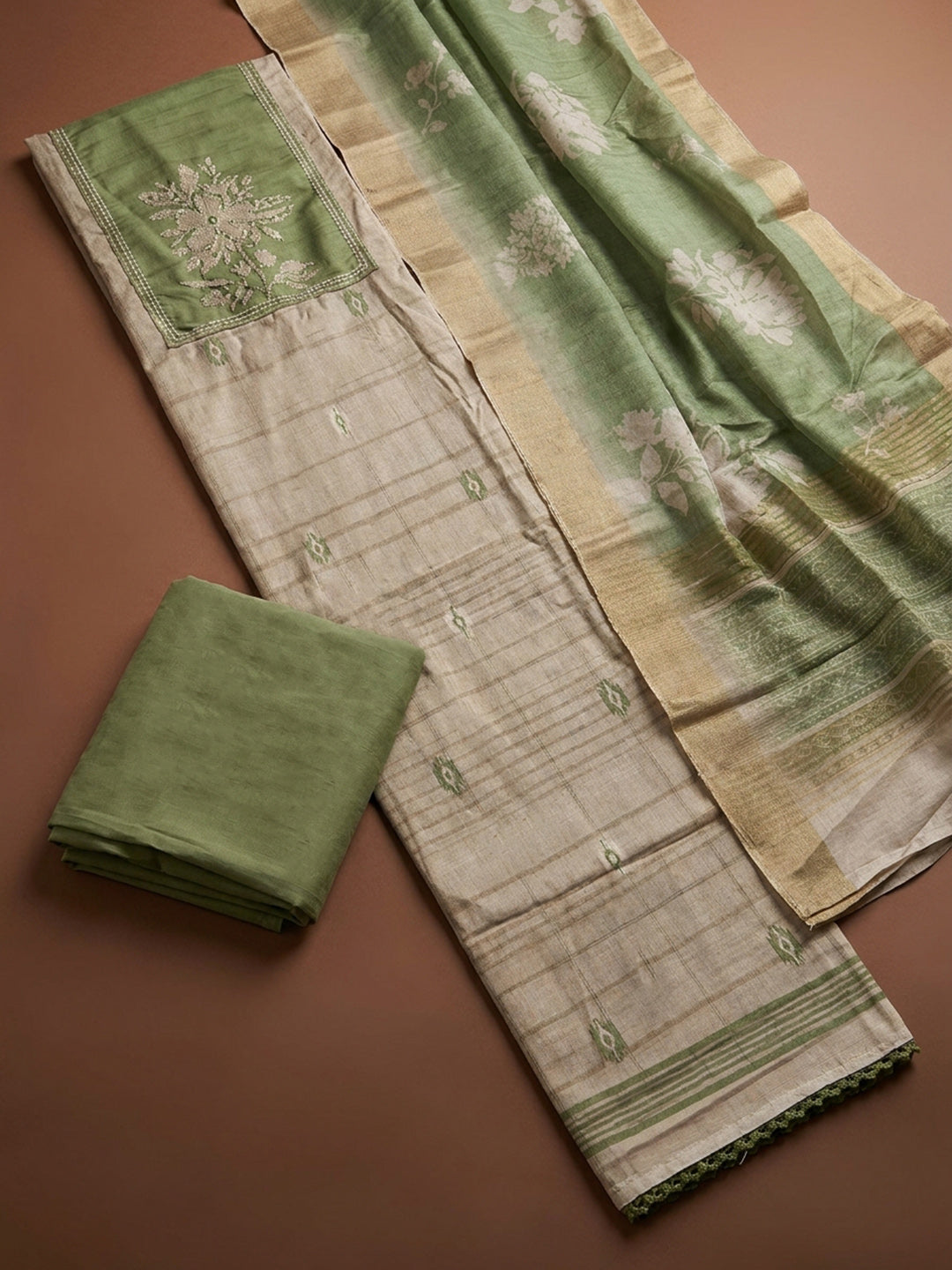 Pista Green  Tussar Unstitched Dress Material