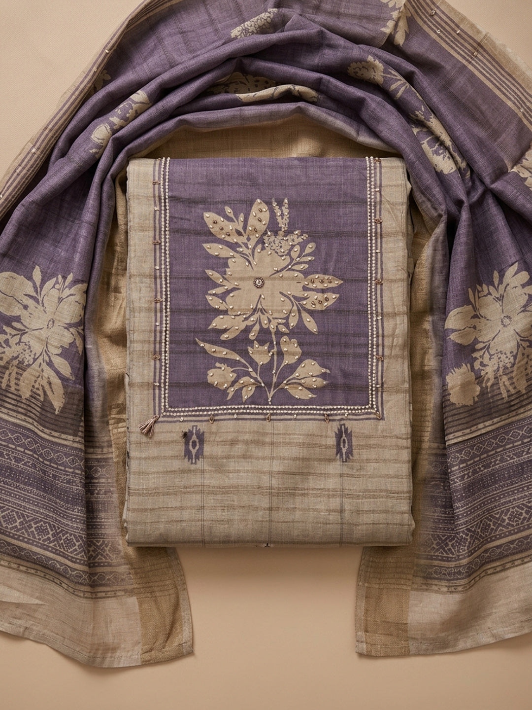 Purple  Tussar Unstitched Dress Material