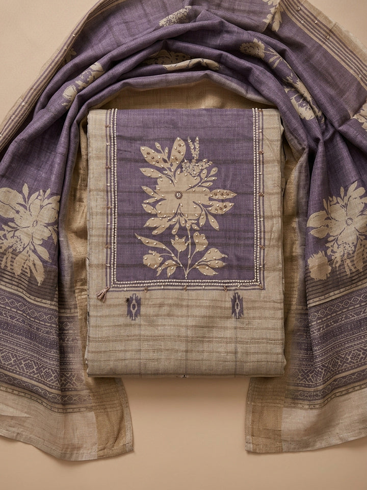 Purple  Tussar Unstitched Dress Material