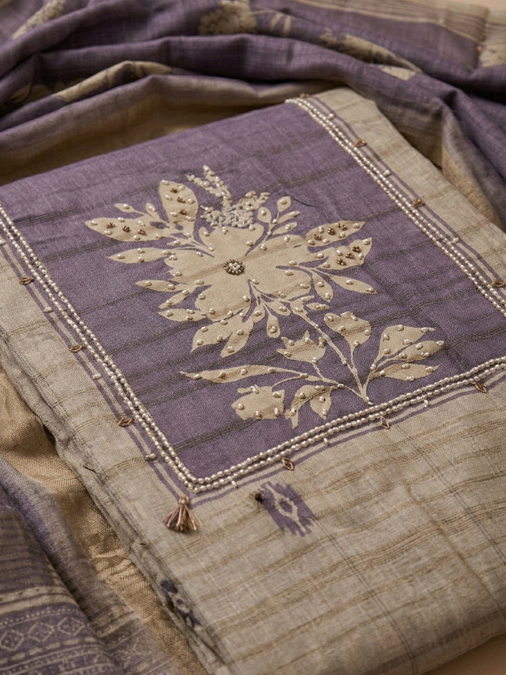 Purple  Tussar Unstitched Dress Material