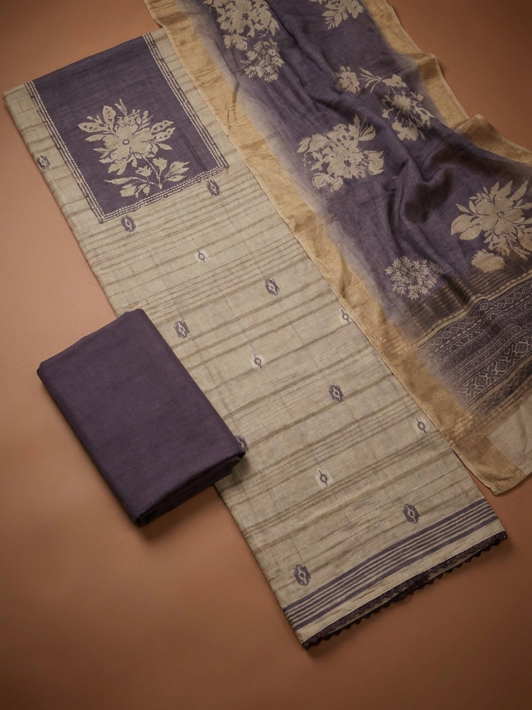 Purple  Tussar Unstitched Dress Material