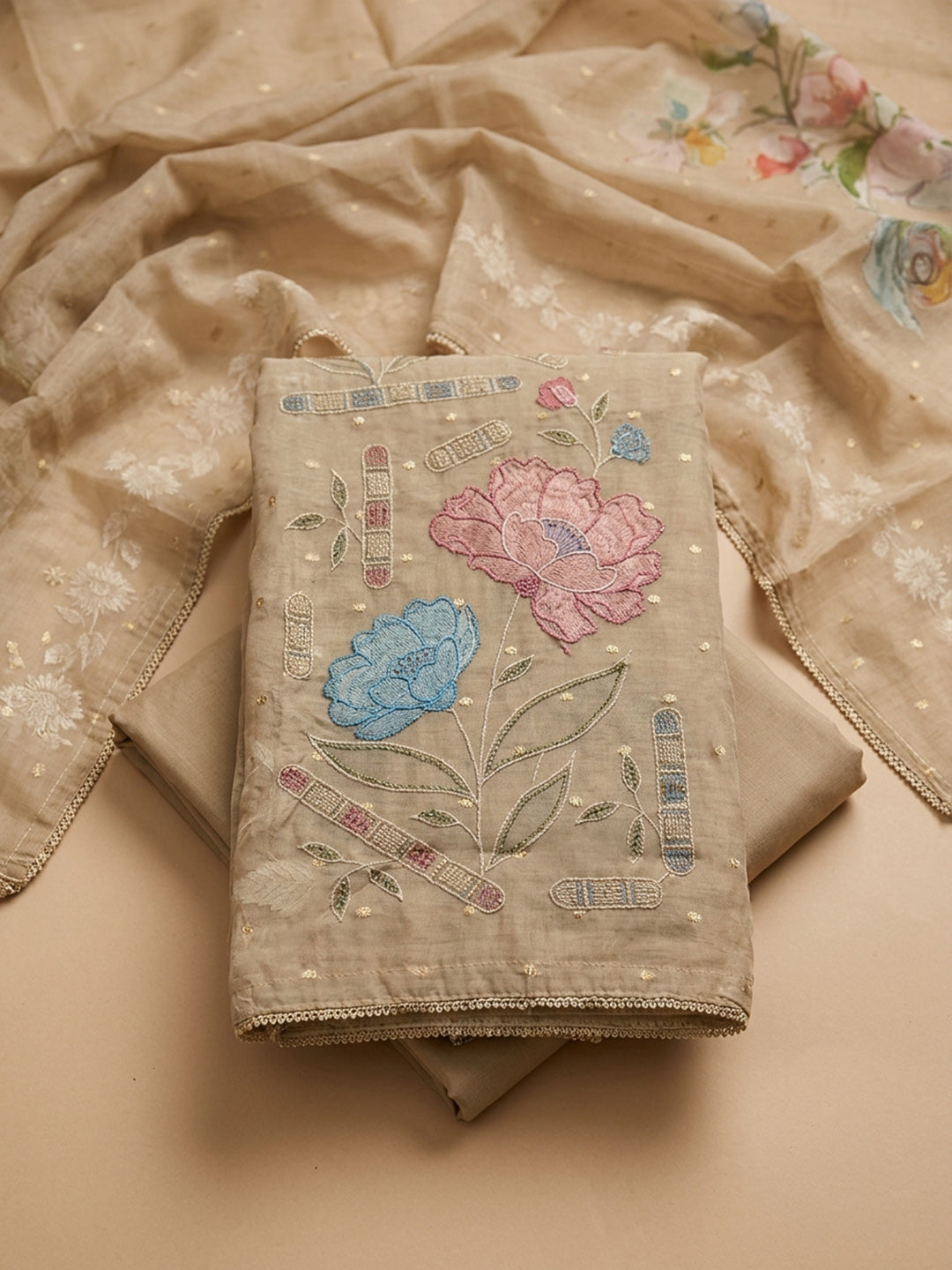 Beige  Chanderi Unstitched Dress Material