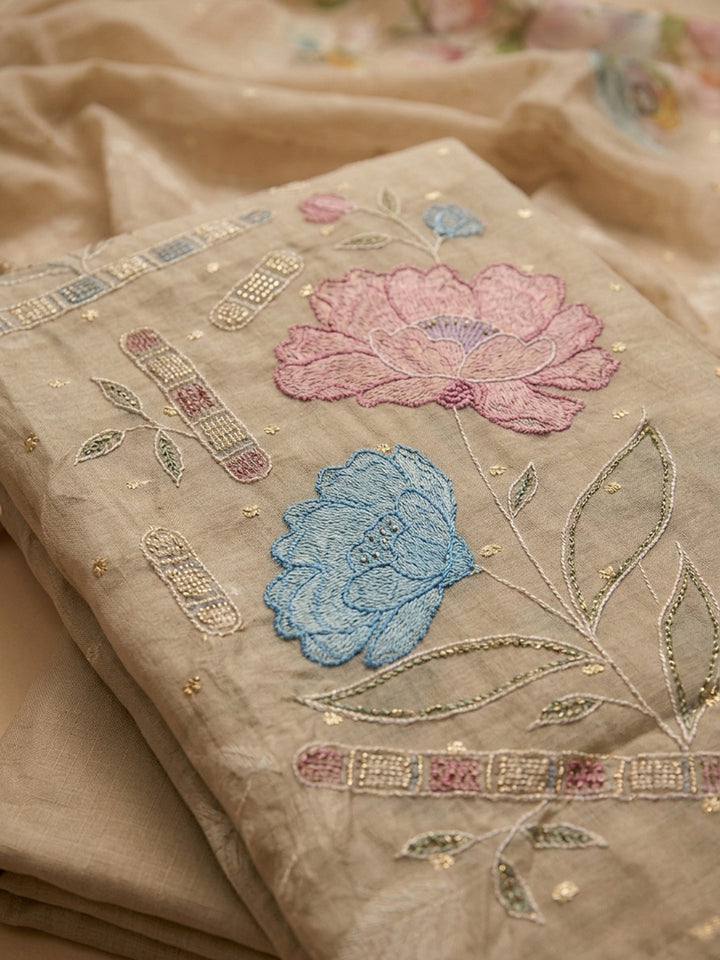 Beige  Chanderi Unstitched Dress Material