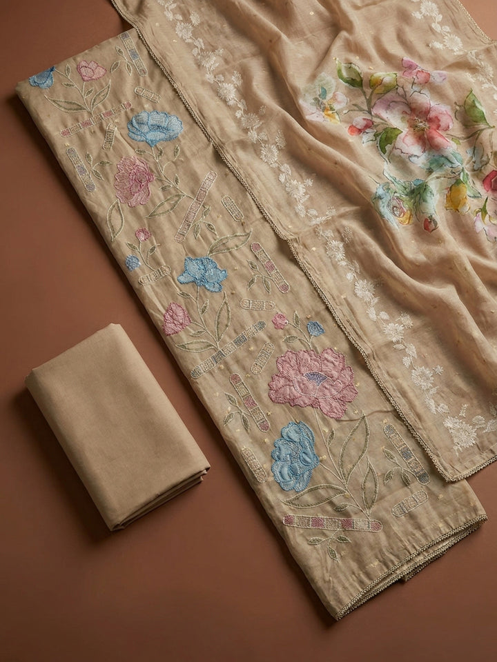 Beige  Chanderi Unstitched Dress Material
