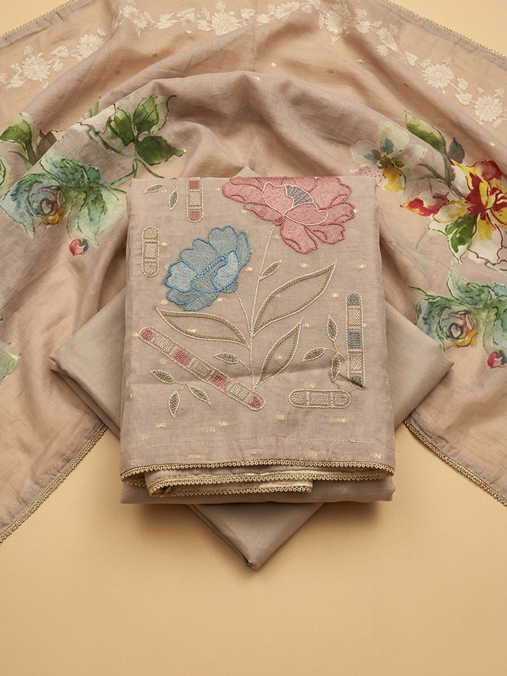 Cream  Chanderi Unstitched Dress Material
