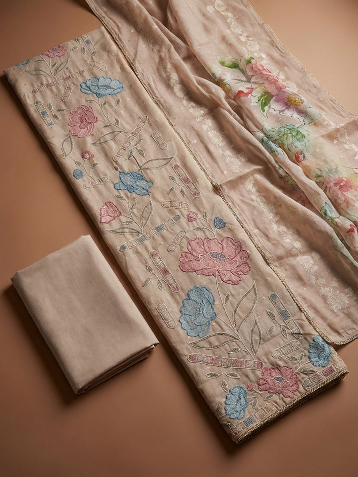 Cream  Chanderi Unstitched Dress Material