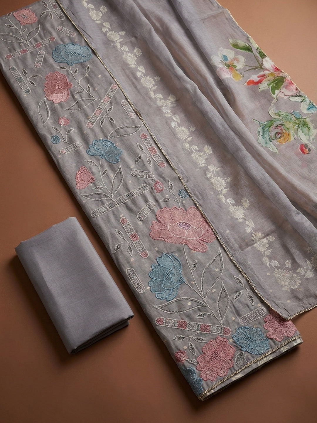 Grey  Chanderi Unstitched Dress Material