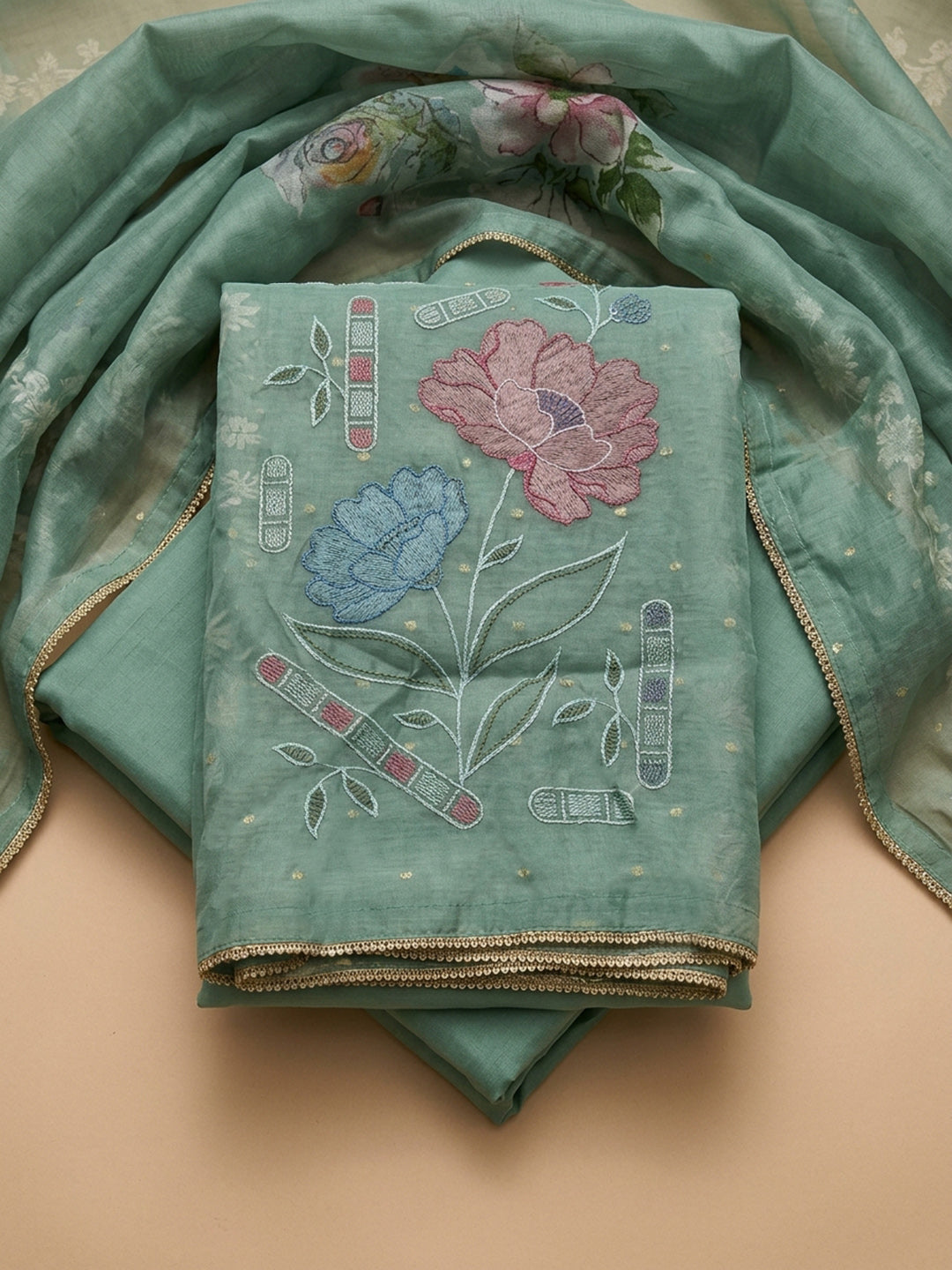 Sea Green  Chanderi Unstitched Dress Material