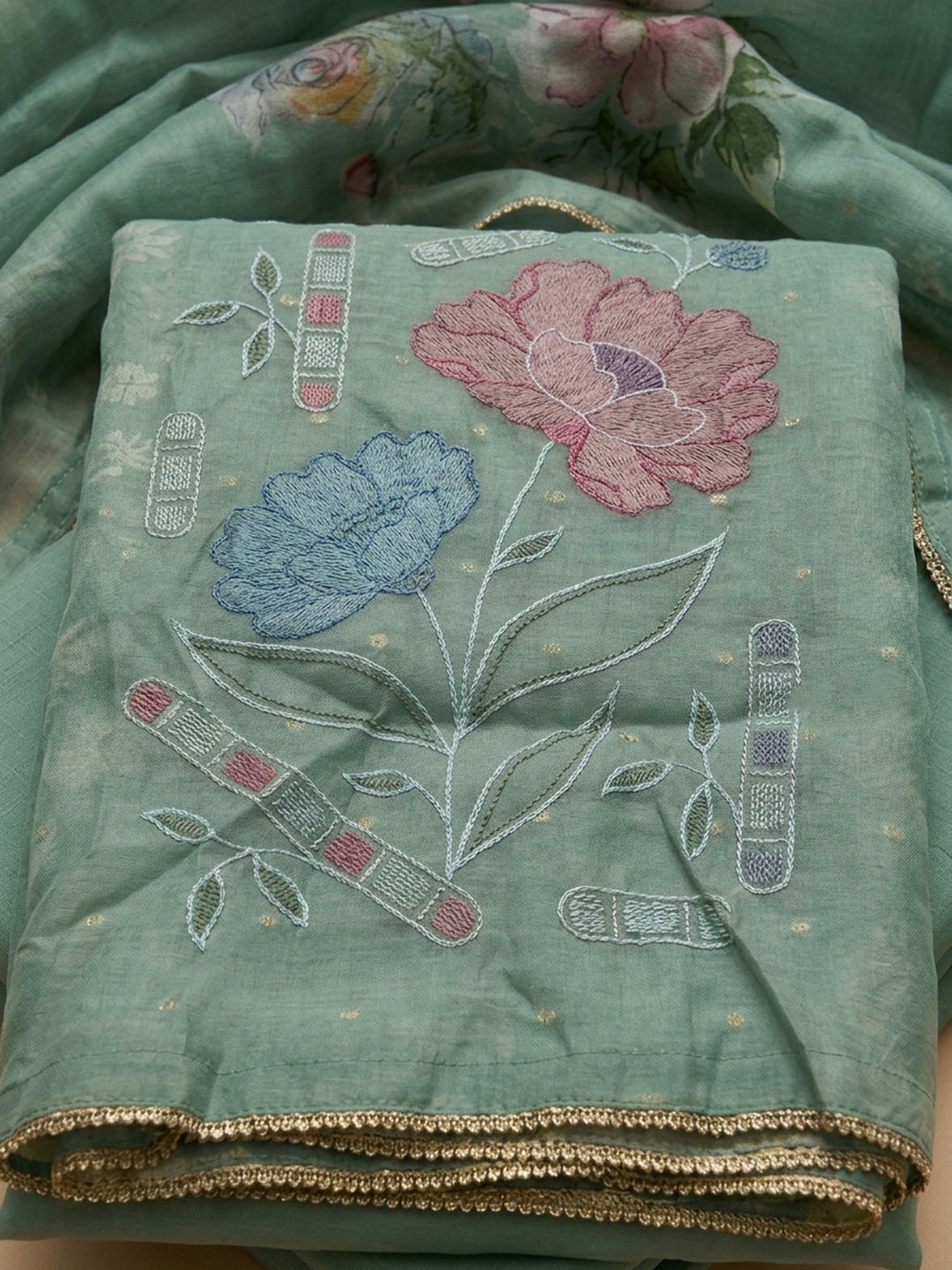 Sea Green  Chanderi Unstitched Dress Material