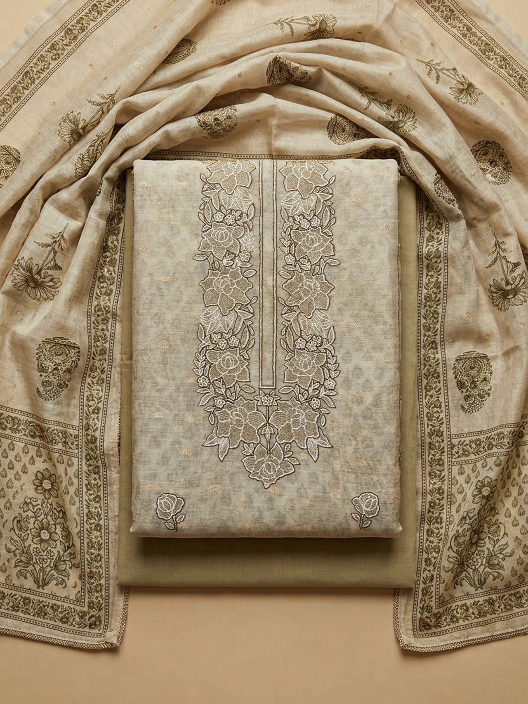 Beige  Chanderi Unstitched Dress Material