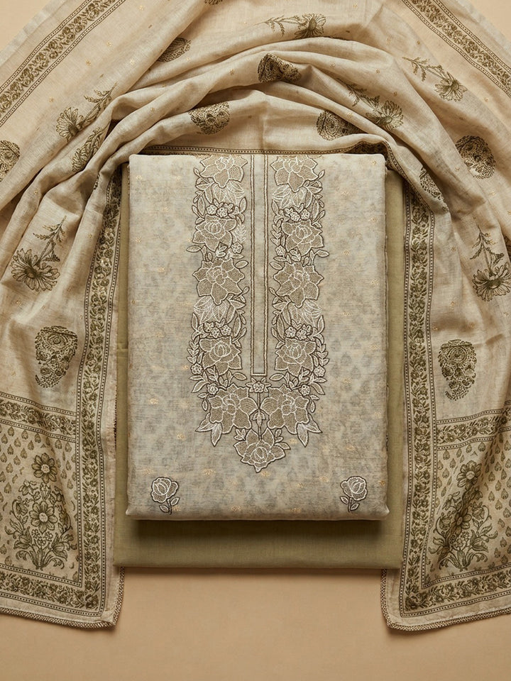 Beige  Chanderi Unstitched Dress Material