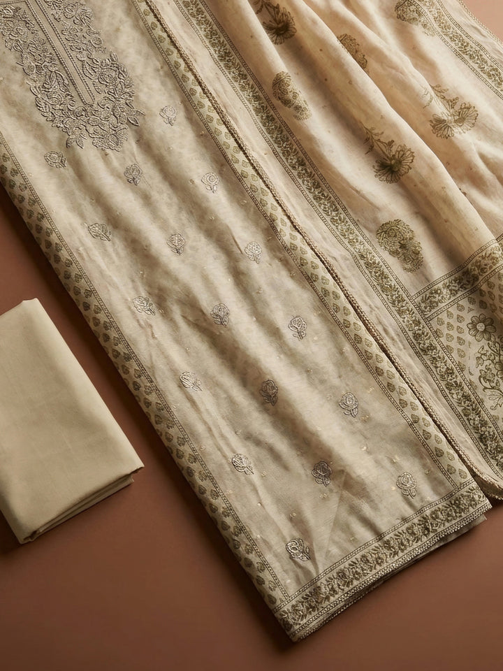 Beige  Chanderi Unstitched Dress Material