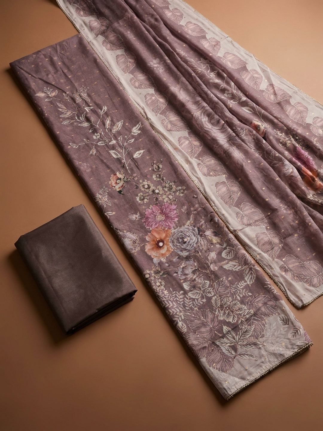 Dusty Pink Printed Chanderi Unstitched Dress Material