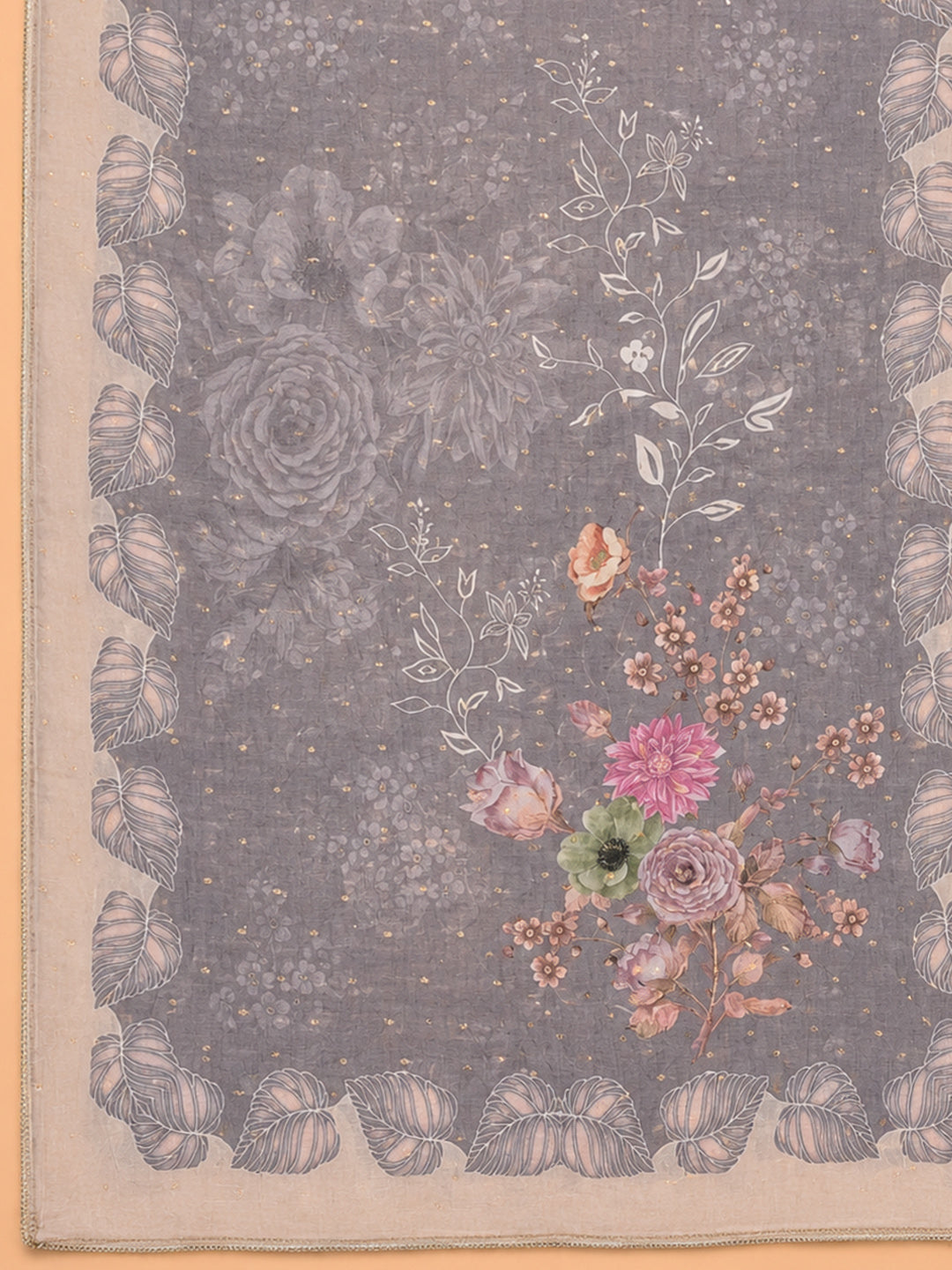 Grey Printed Chanderi Unstitched Dress Material