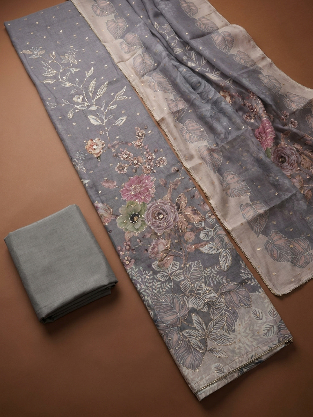 Grey Printed Chanderi Unstitched Dress Material