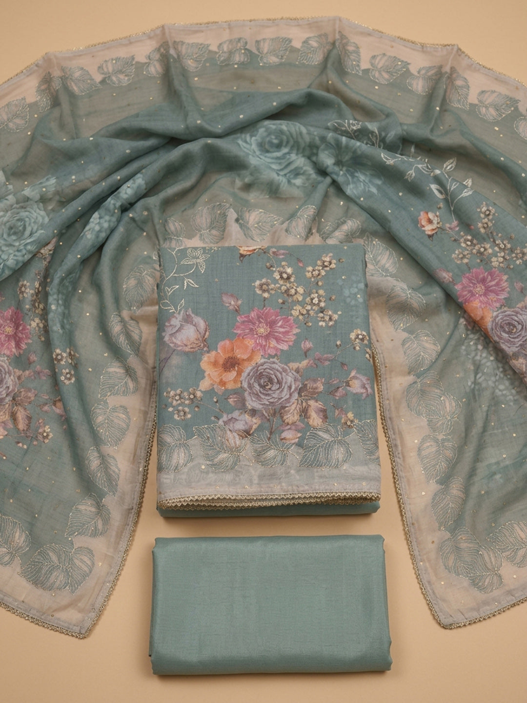 Sea Green Printed Chanderi Unstitched Dress Material