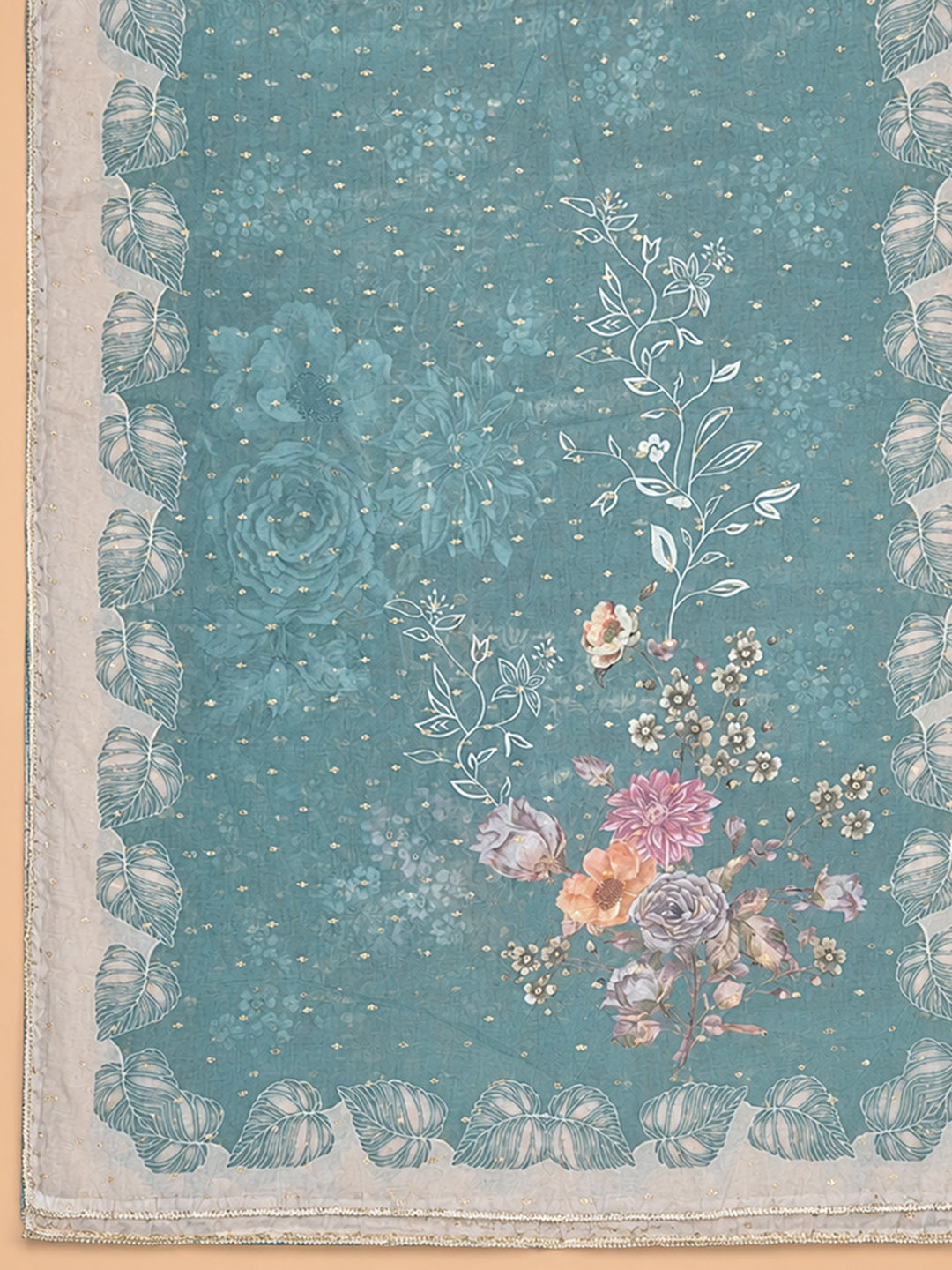 Sea Green Printed Chanderi Unstitched Dress Material