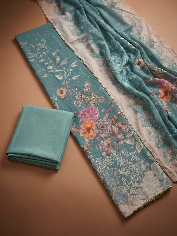 Sea Green Printed Chanderi Unstitched Dress Material