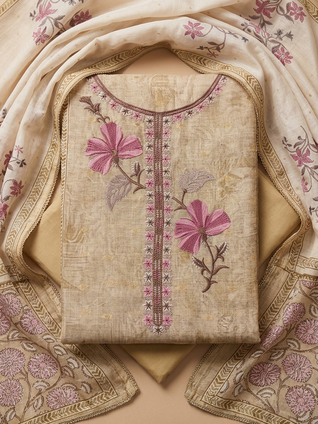 Beige  Chanderi Unstitched Dress Material