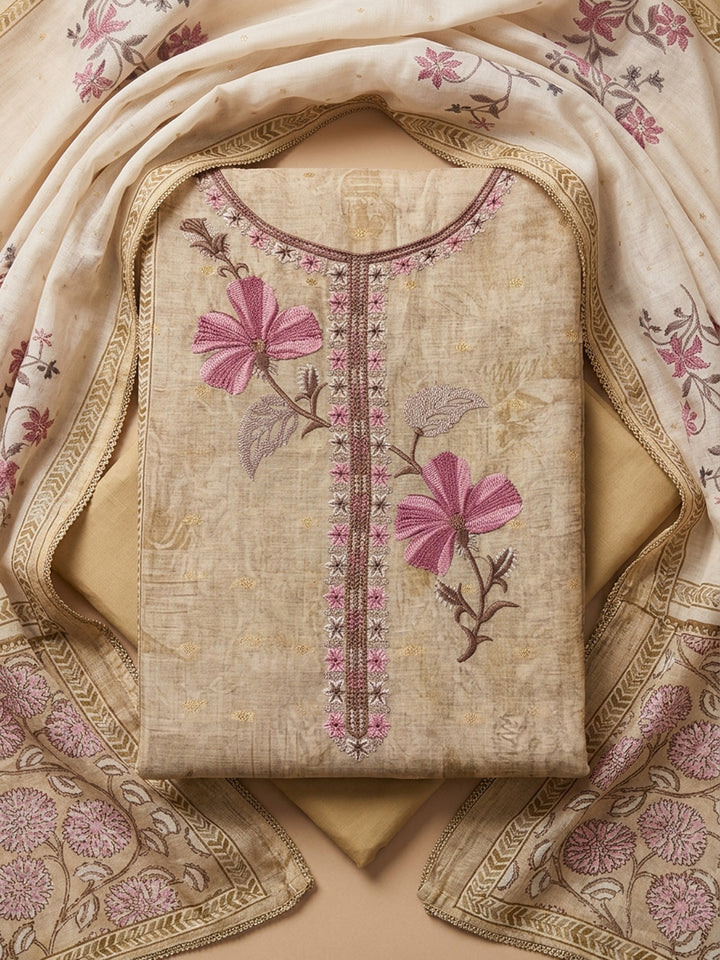 Beige  Chanderi Unstitched Dress Material