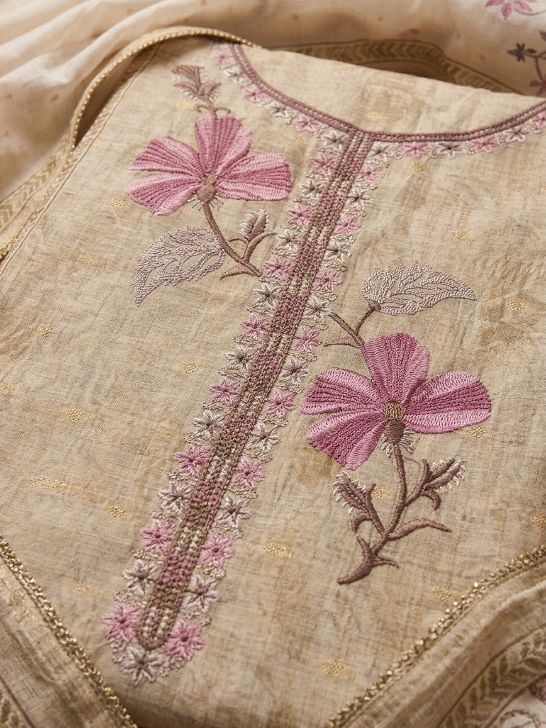 Beige  Chanderi Unstitched Dress Material