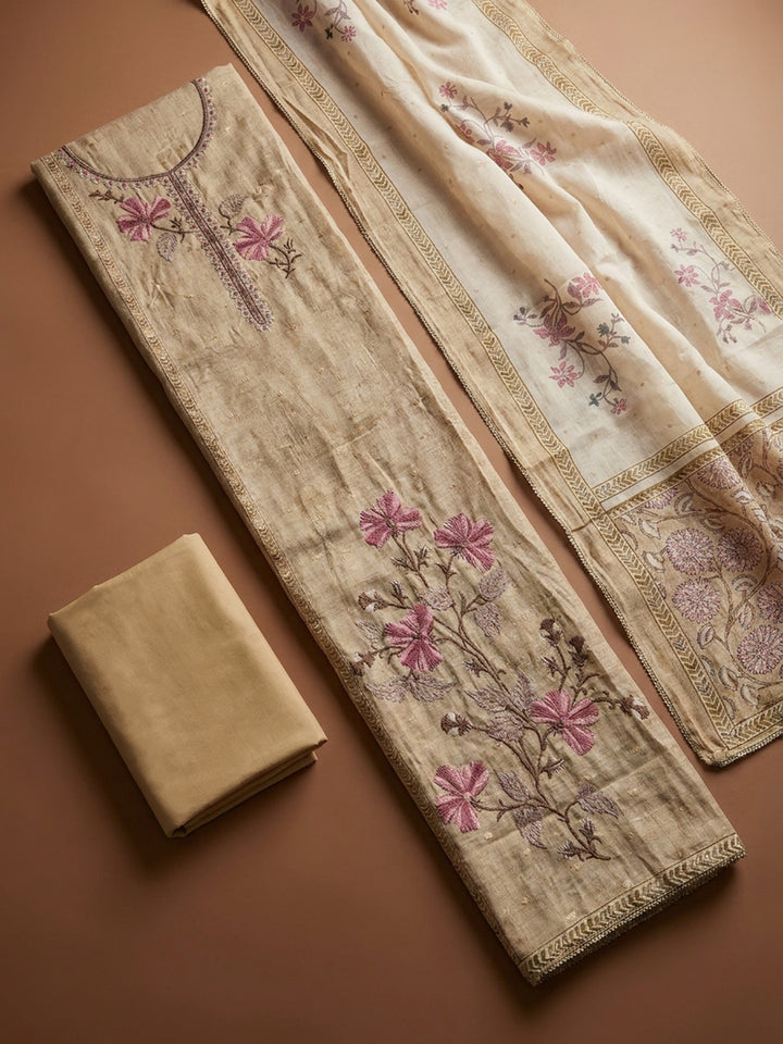 Beige  Chanderi Unstitched Dress Material