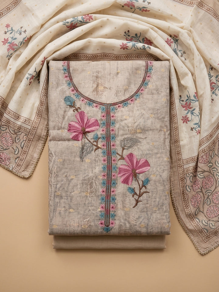 Cream  Chanderi Unstitched Dress Material