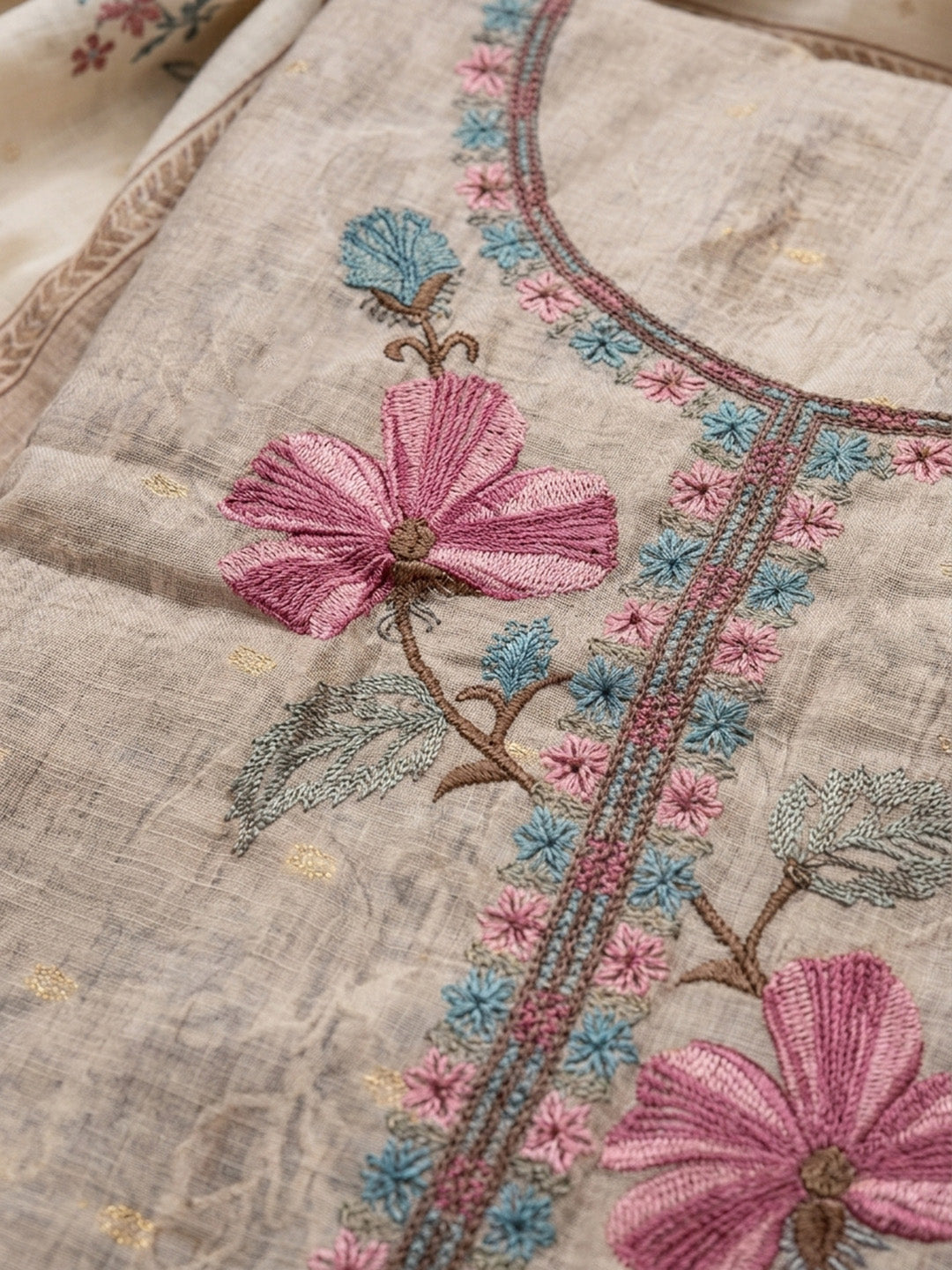 Cream  Chanderi Unstitched Dress Material