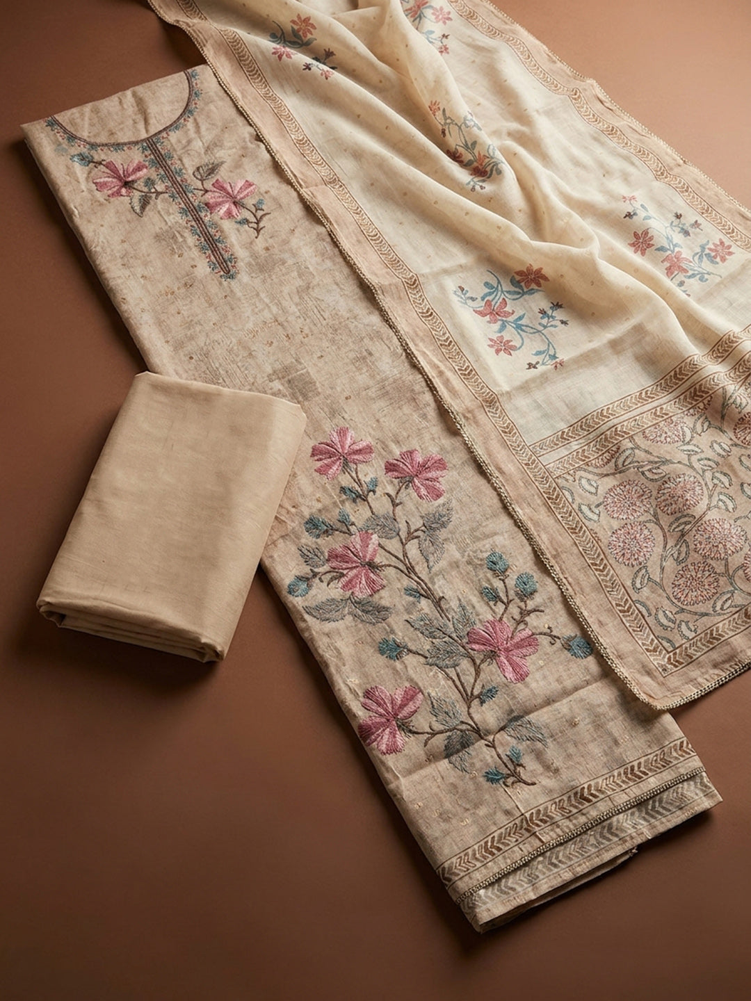 Cream  Chanderi Unstitched Dress Material