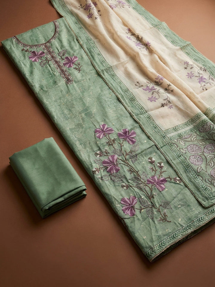 Sea Green  Chanderi Unstitched Dress Material