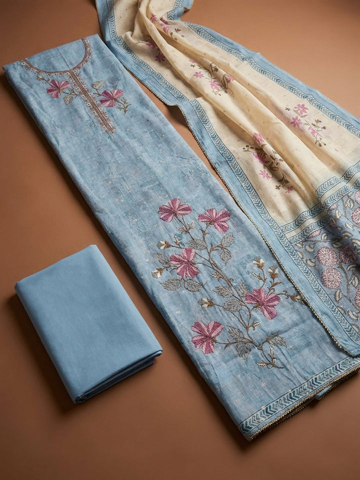 Sky Blue  Chanderi Unstitched Dress Material