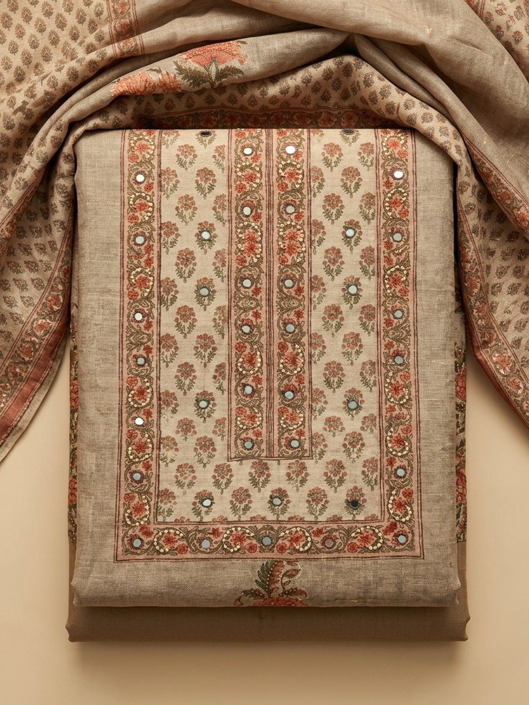 Beige  Chanderi Unstitched Dress Material