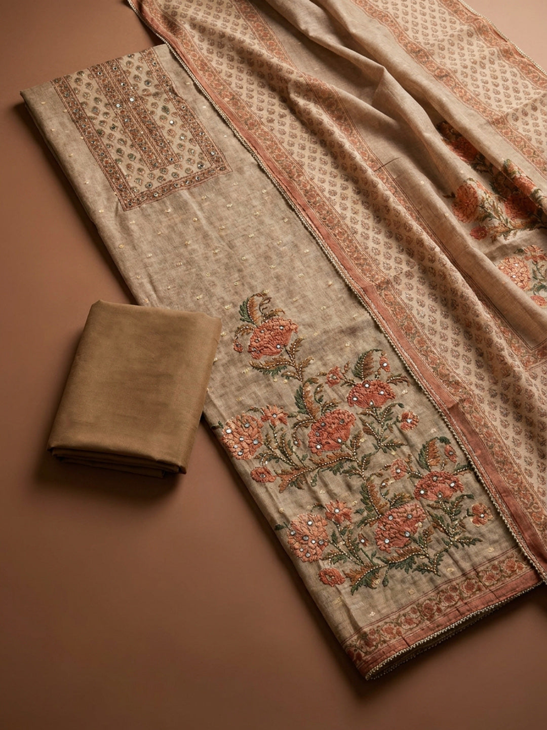 Beige  Chanderi Unstitched Dress Material